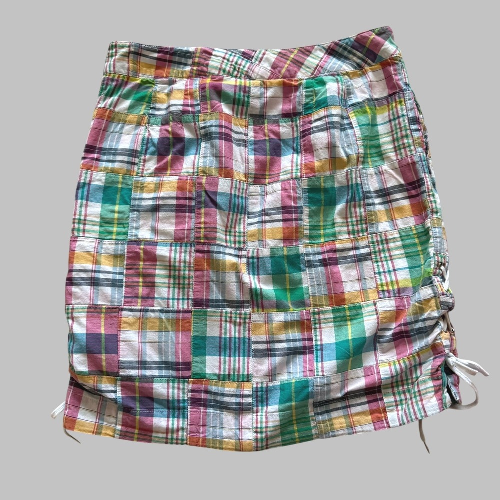 Talbots Petites Womens 4 6 Patchwork Plaid Madras Mini Skirt Lace Up Side Ruched